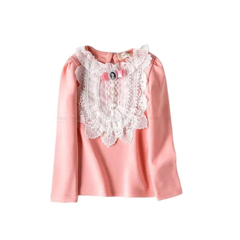 Girls Cotton Lace T-Shirt Pink Round Neck