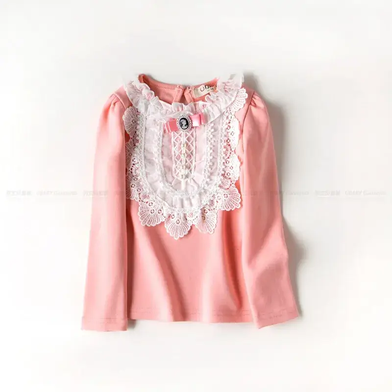 Girls Cotton Lace T-Shirt Pink Round Neck