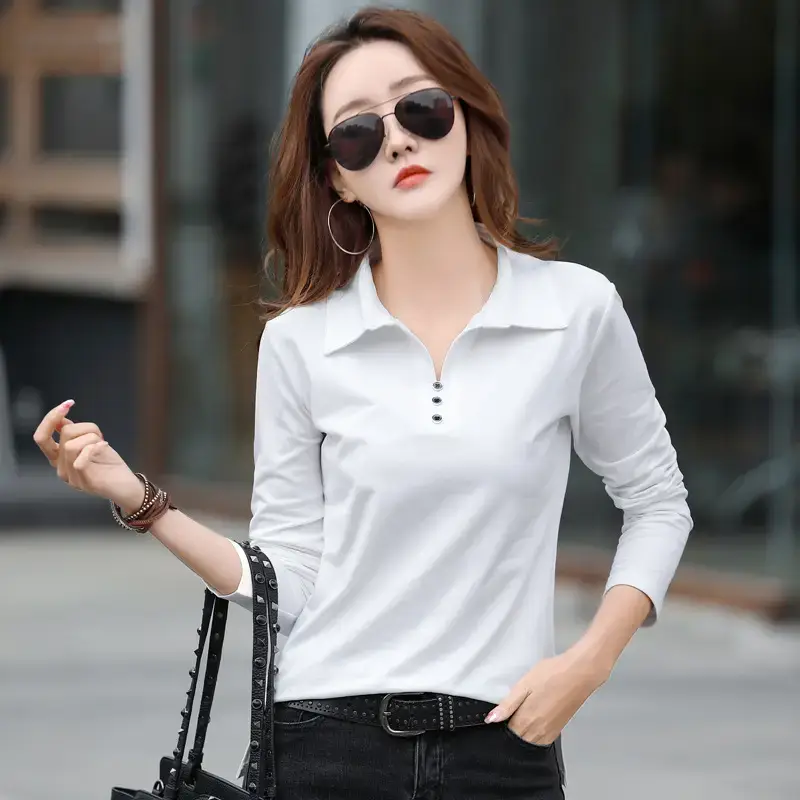 Women's 2022 Navy Blue Lapel Long Sleeve T-Shirt - Image 3