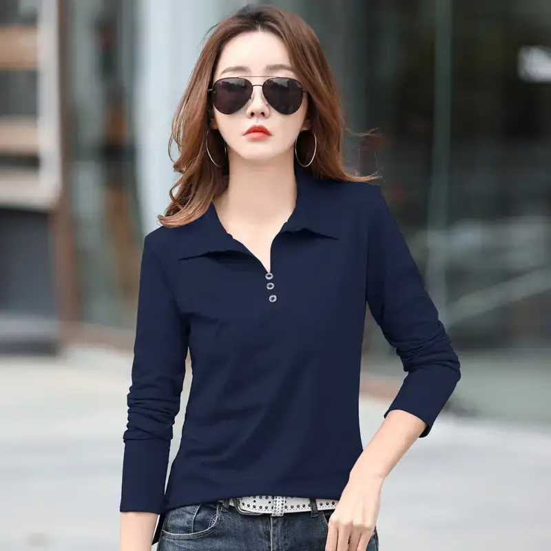 Women's 2022 Navy Blue Lapel Long Sleeve T-Shirt - Image 4