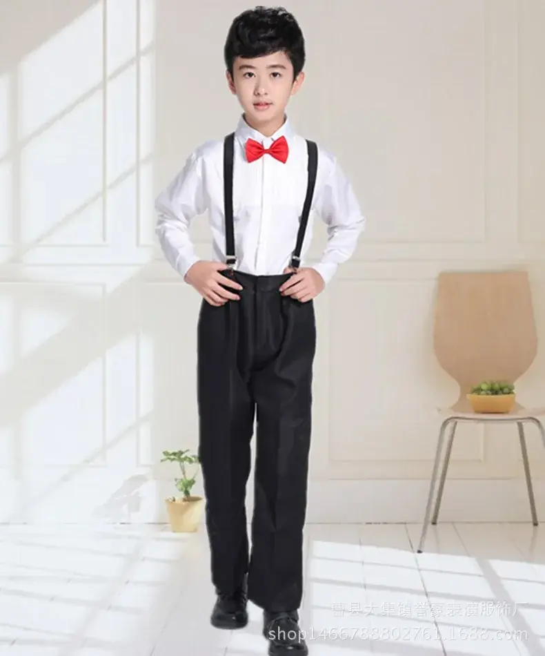 Kids Chorus Uniform White Shirt Black Pants with Bow Tie - Image 2
