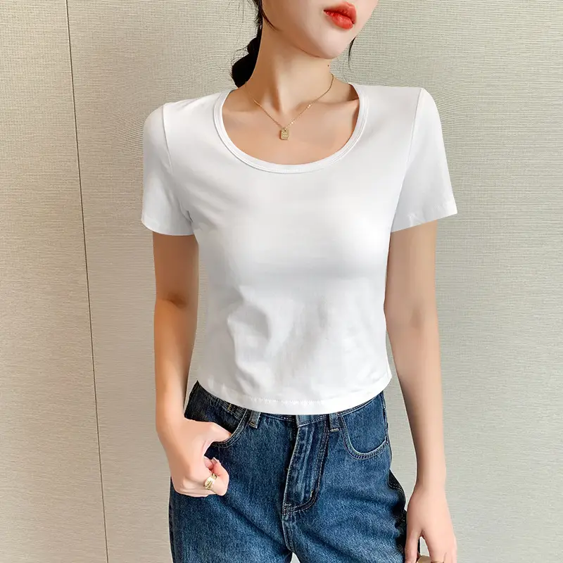 Women White Cotton Round Neck T-Shirt Short Sleeve - Image 9