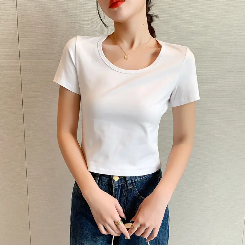 Women White Cotton Round Neck T-Shirt Short Sleeve - Image 10