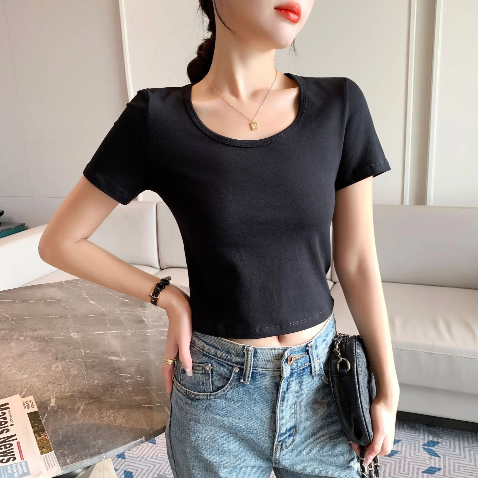 Women White Cotton Round Neck T-Shirt Short Sleeve - Image 11