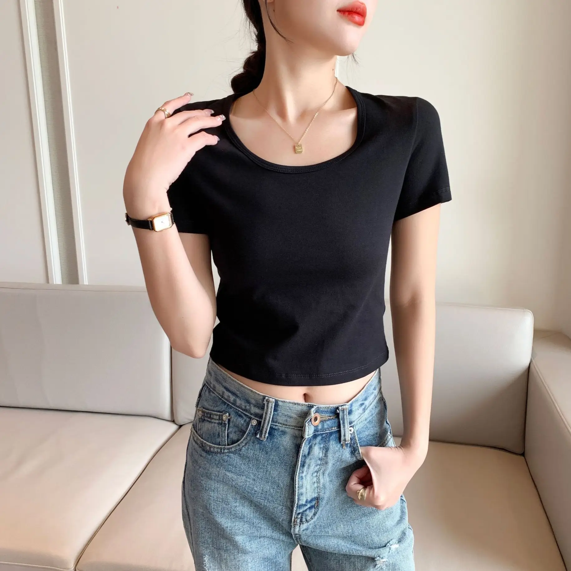 Women White Cotton Round Neck T-Shirt Short Sleeve - Image 12