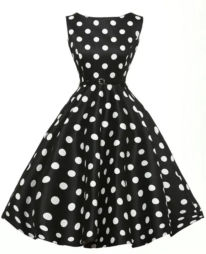 Polka Dot Belted Skirt Dress White Black - Image 2