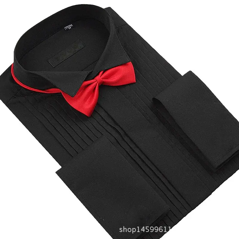 Men Black Long Sleeve Shirt with Red Bow Tie - Image 6