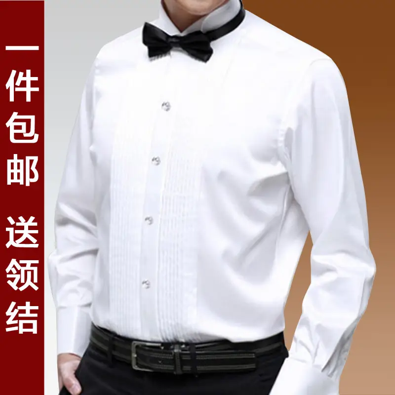 Men Black Long Sleeve Shirt with Red Bow Tie - Image 2
