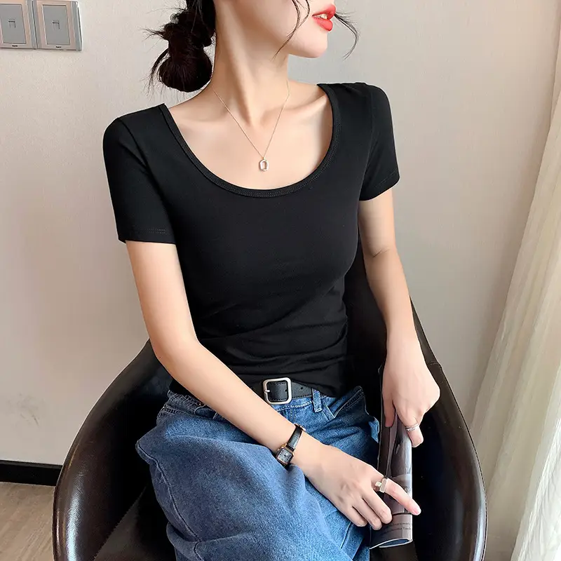 Women Black Slim Fit Short Sleeve T-Shirt - Image 14