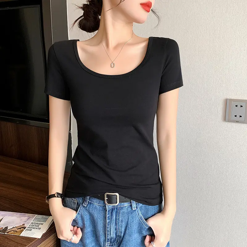 Women Black Slim Fit Short Sleeve T-Shirt - Image 15