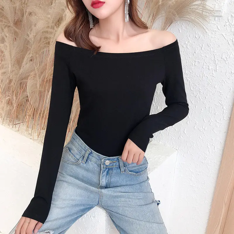 Black Long Sleeve Off-Shoulder Women's T-Shirt