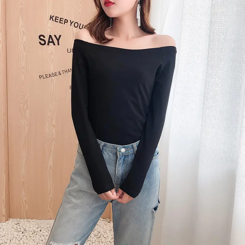 Black Long Sleeve Off-Shoulder Women's T-Shirt