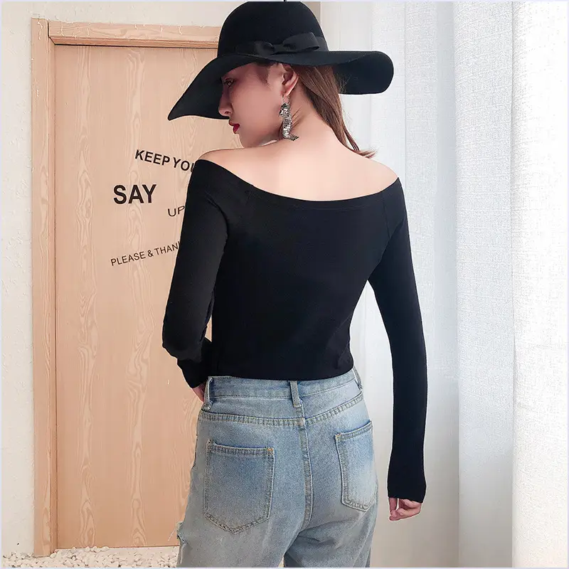 Black Long Sleeve Off-Shoulder Women's T-Shirt
