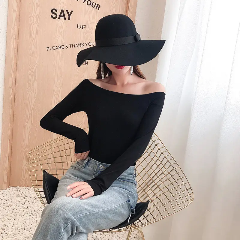 Black Long Sleeve Off-Shoulder Women's T-Shirt