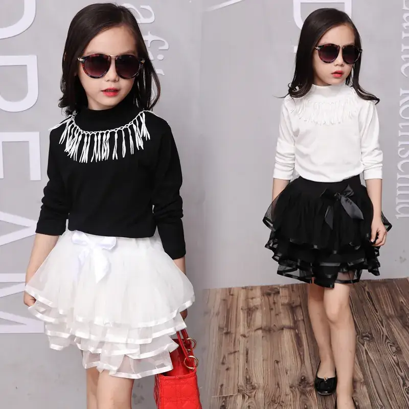 New Girls Tassel Skirt Black Top White Skirt Set - Image 2