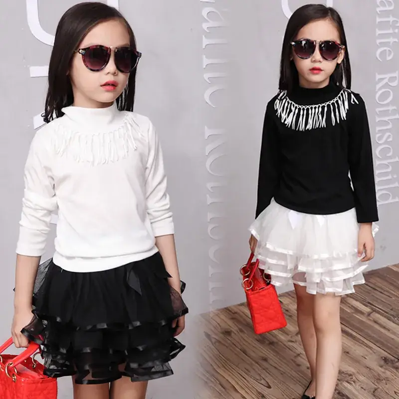 New Girls Tassel Skirt Black Top White Skirt Set - Image 3