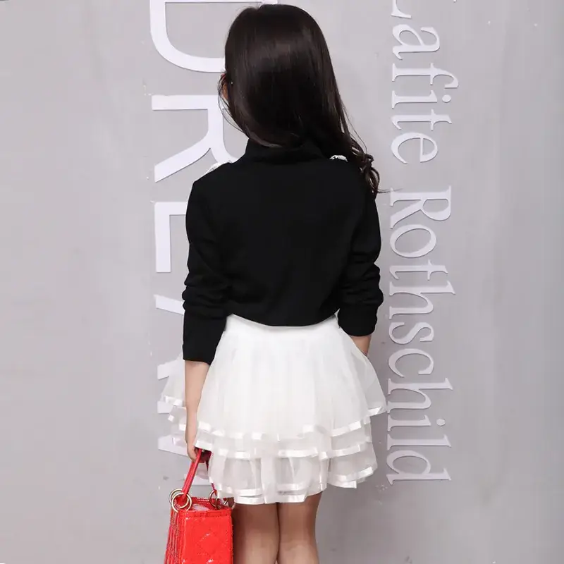 New Girls Tassel Skirt Black Top White Skirt Set - Image 4