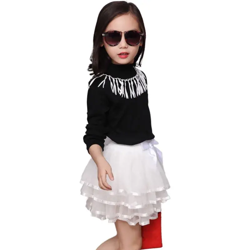 New Girls Tassel Skirt Black Top White Skirt Set - Image 5