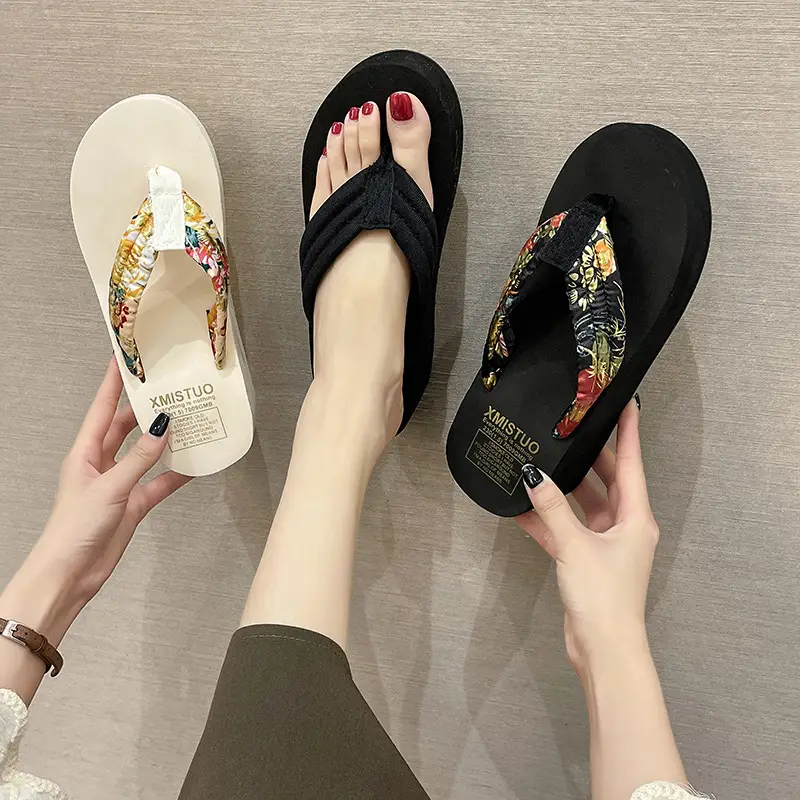 Women Cotton Floral Flip Flops Thick Bottom Summer Sandals