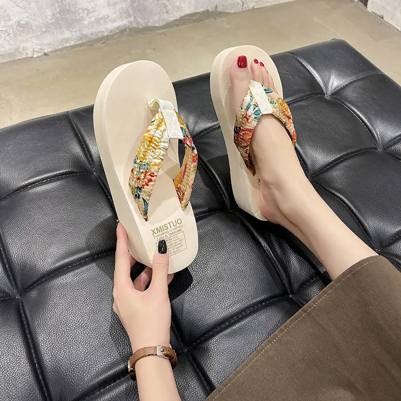 Women Cotton Floral Flip Flops Thick Bottom Summer Sandals