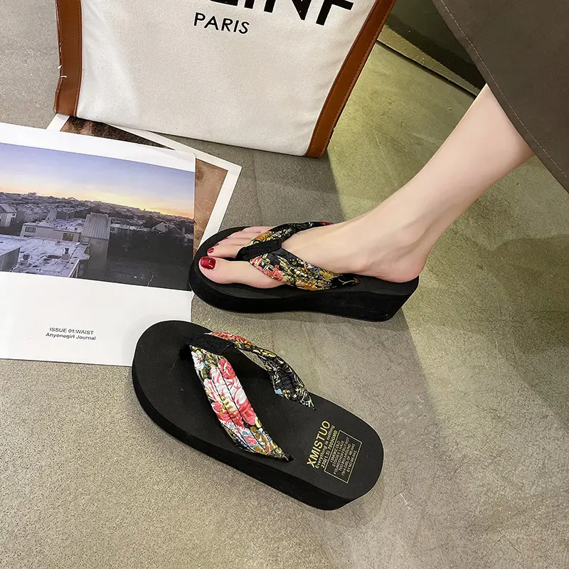 Women Cotton Floral Flip Flops Thick Bottom Summer Sandals