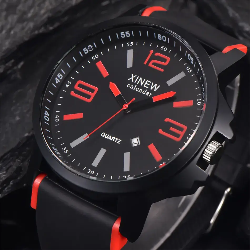 Xinew Black Silicone Date Sports Quartz Watch - Image 5