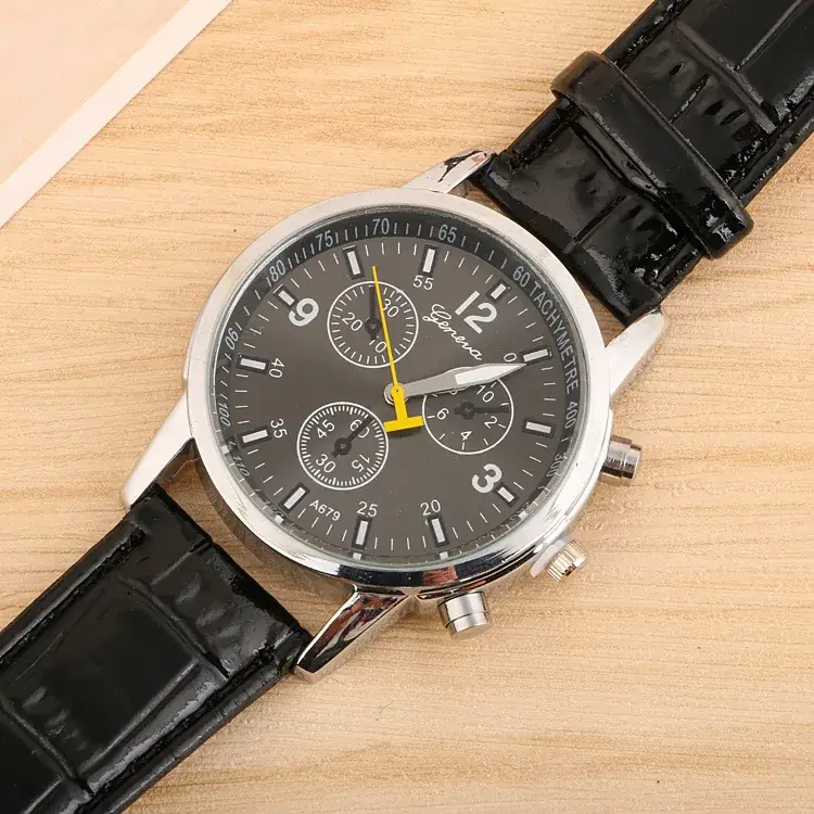 Men's Black Leather Belt Chronograph Watch with 3 Subdials - Image 7