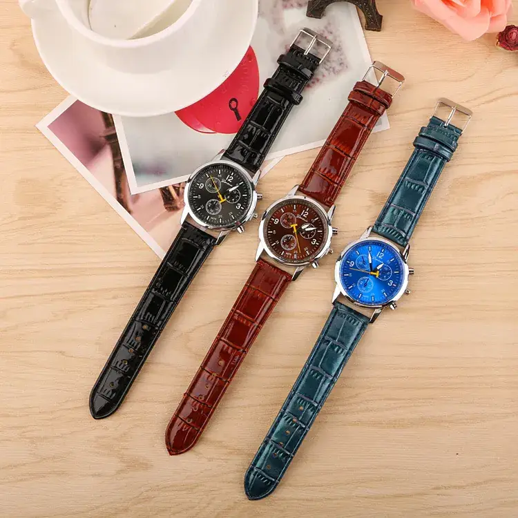 Men's Black Leather Belt Chronograph Watch with 3 Subdials - Image 8