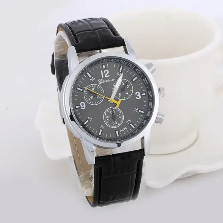 Men's Black Leather Belt Chronograph Watch with 3 Subdials - Image 2