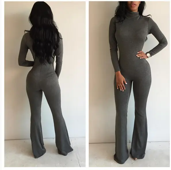 Women Back Zipper Jumpsuit Grey Elastic Slim Fit