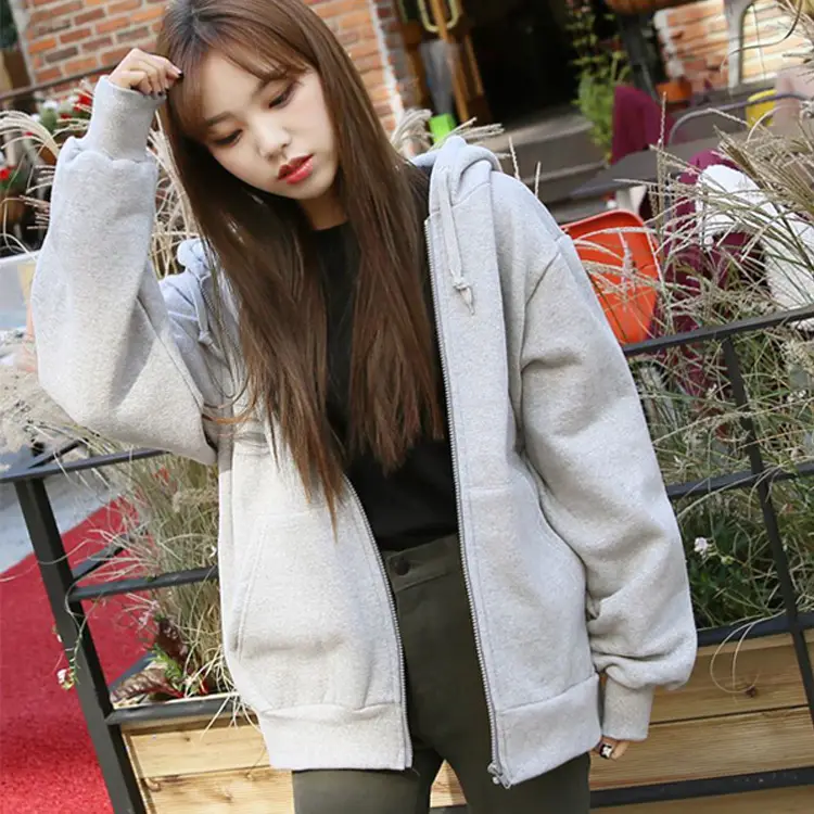 Women Korean Solid Thick Zipper Coat with Velvet Hood - Image 3
