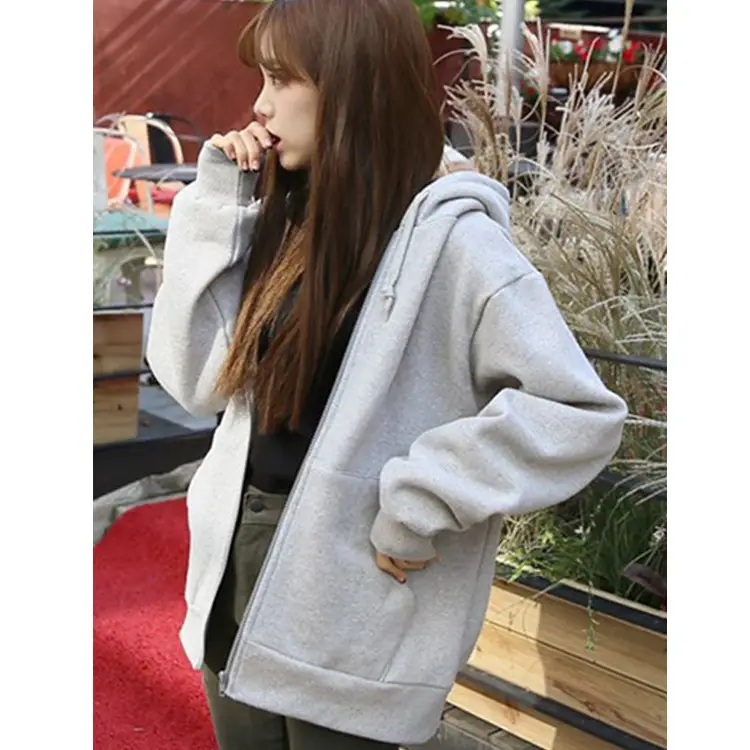 Women Korean Solid Thick Zipper Coat with Velvet Hood - Image 4