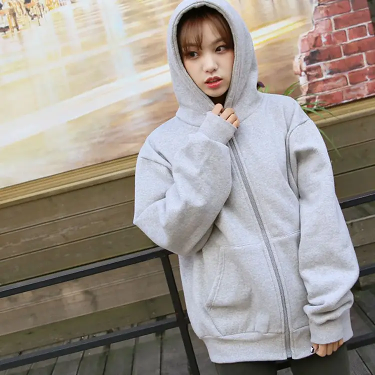 Women Korean Solid Thick Zipper Coat with Velvet Hood - Image 6
