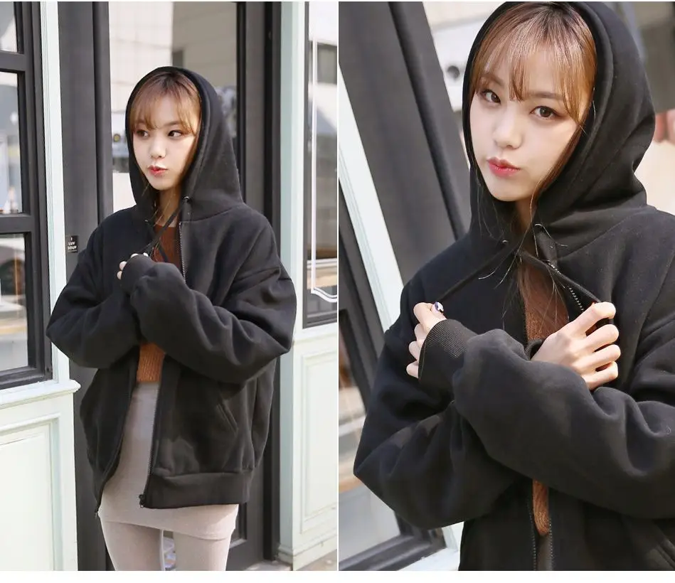 Women Korean Solid Thick Zipper Coat with Velvet Hood - Image 2