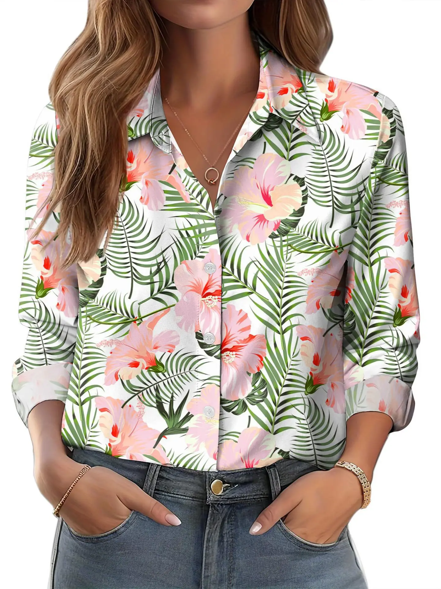 2025 Women's 3D Printed Floral Shirt White Summer Casual - Image 22