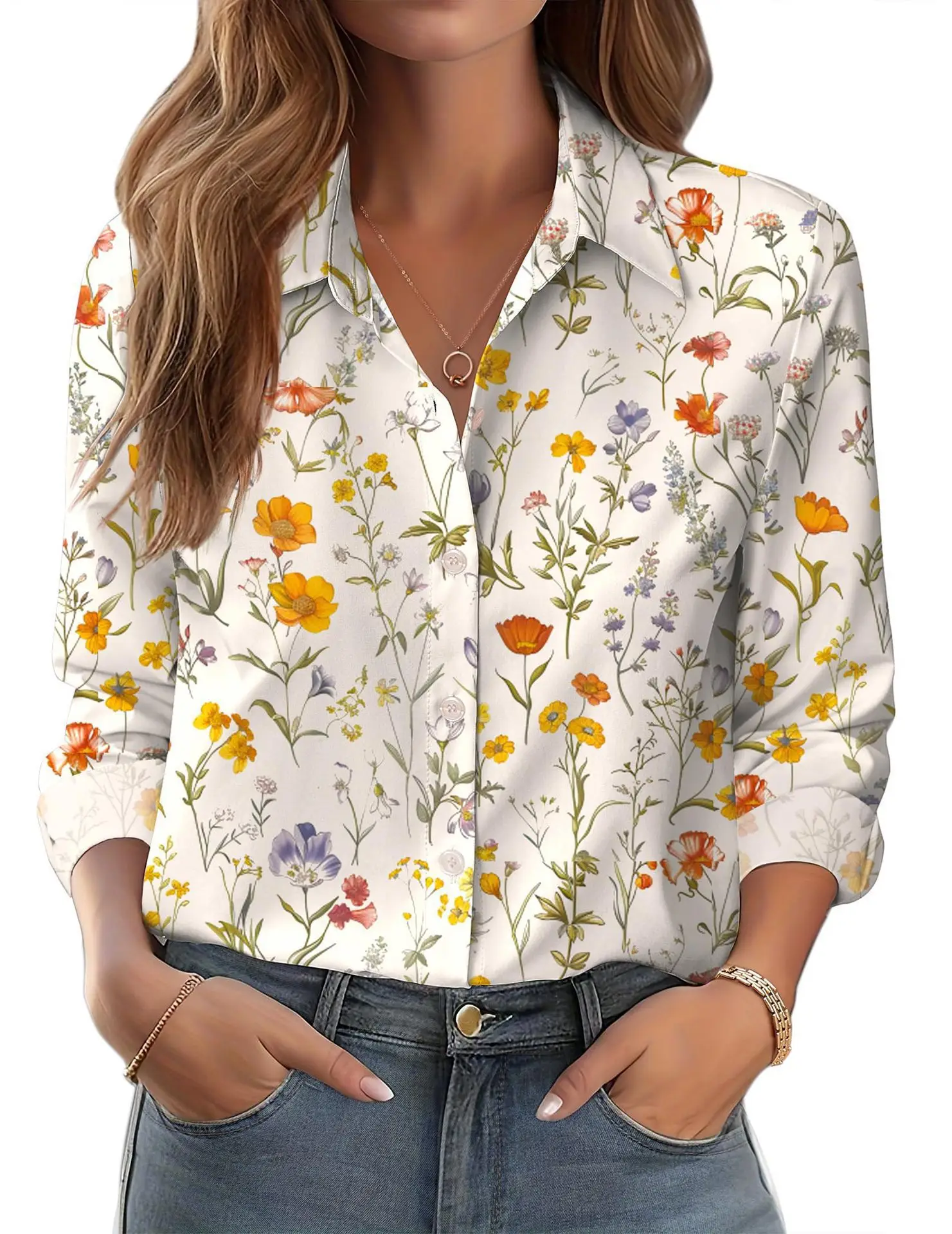2025 Women's 3D Printed Floral Shirt White Summer Casual - Image 6