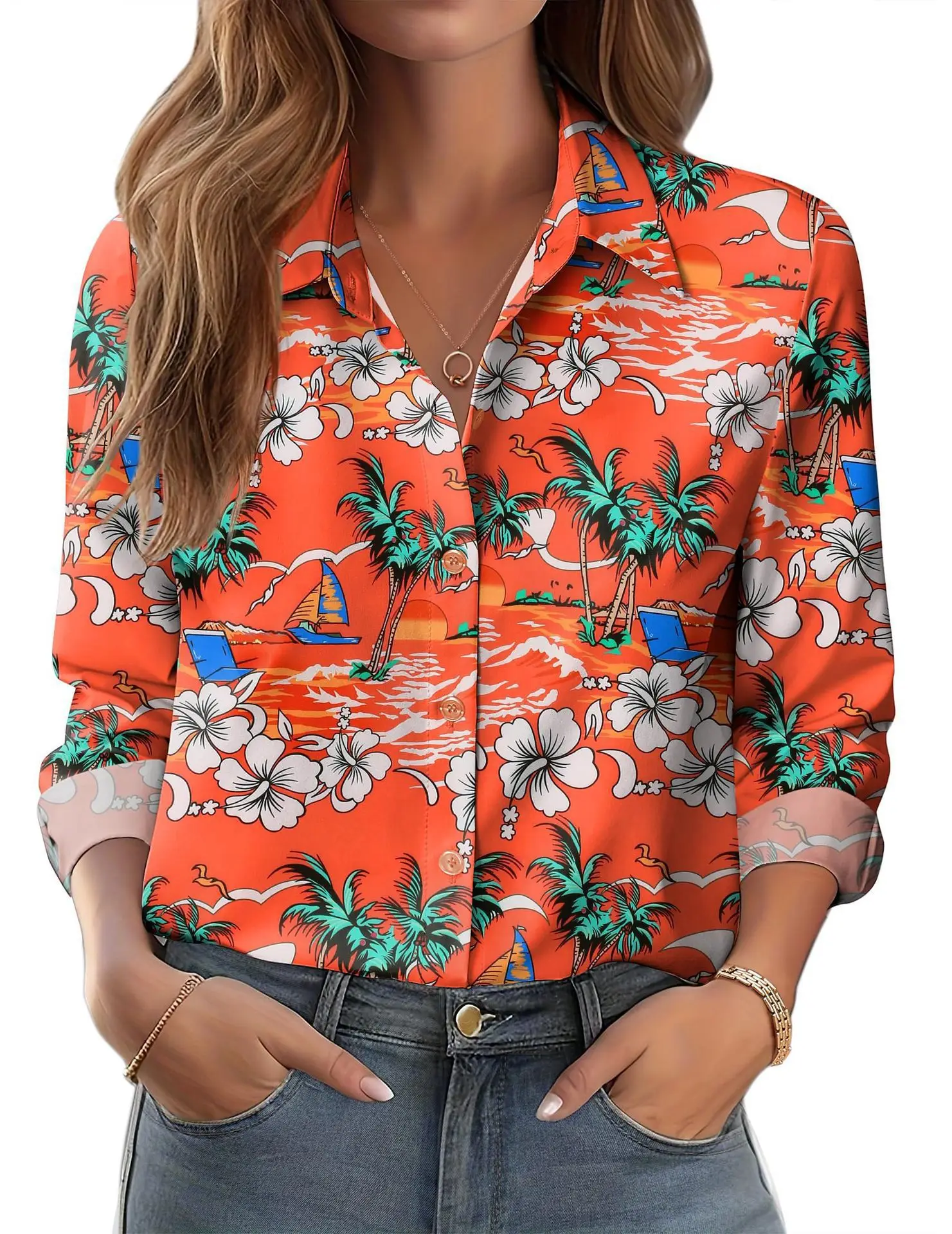 2025 Women's 3D Printed Floral Shirt White Summer Casual - Image 9
