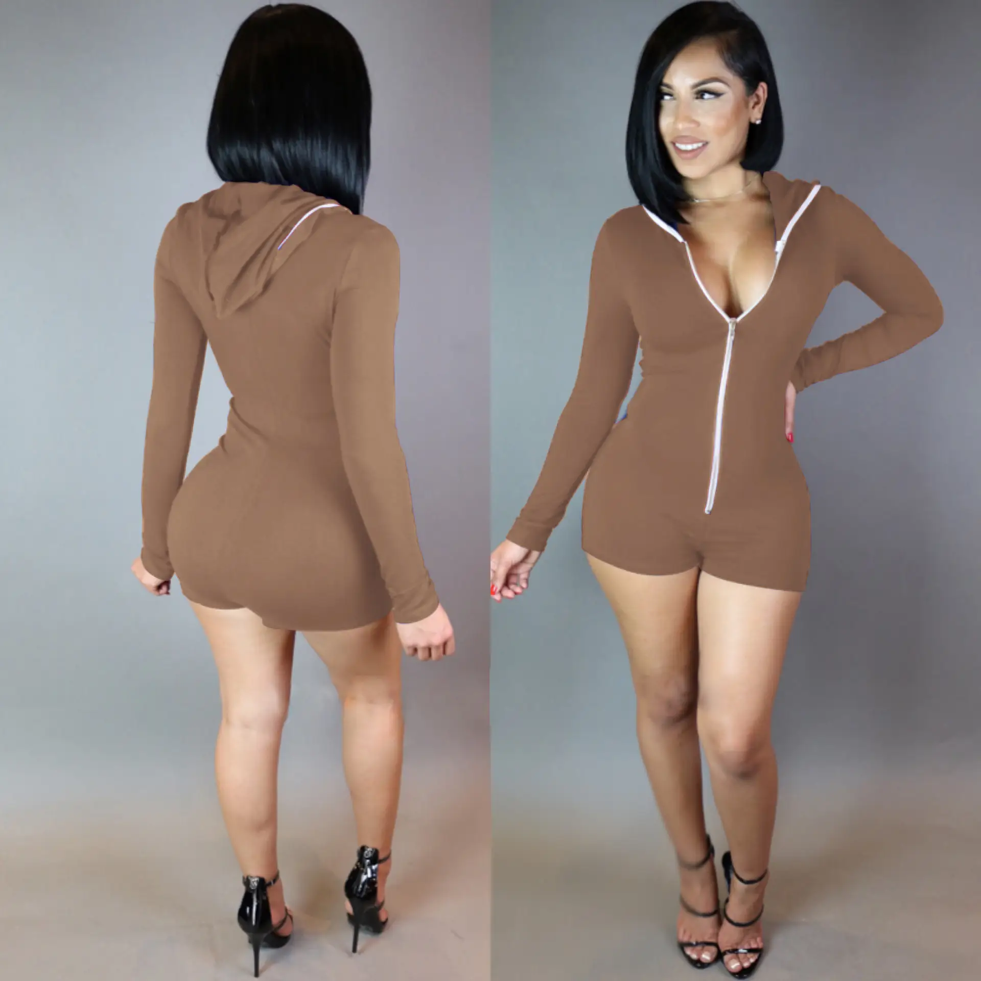 2024 Summer Hooded Stretch Casual Jumpsuit Sexy Bodysuit Blue - Image 10