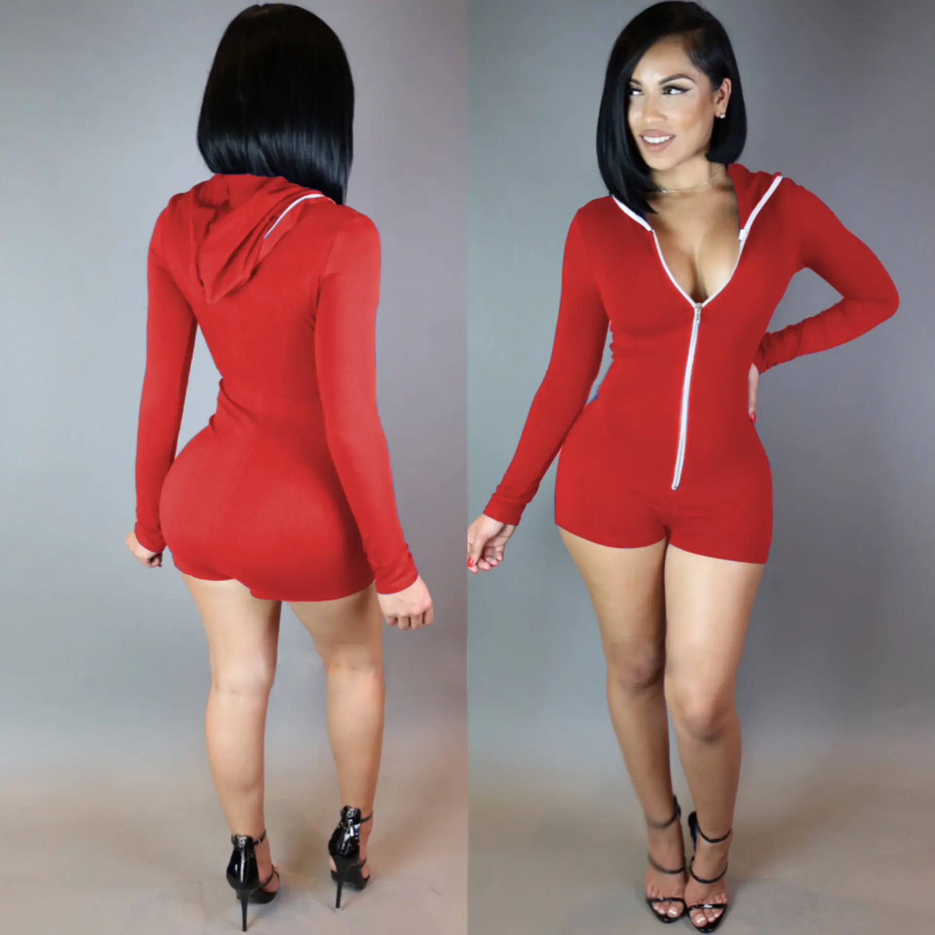 2024 Summer Hooded Stretch Casual Jumpsuit Sexy Bodysuit Blue - Image 2