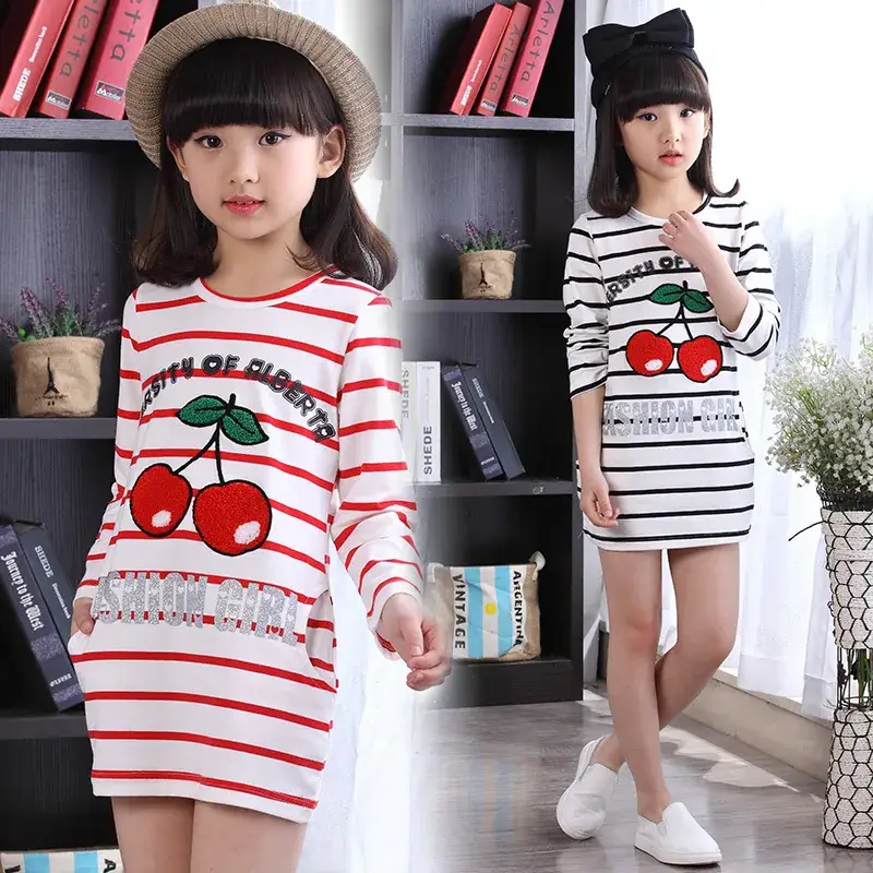 Korean Girls Cherry Print Long Sleeve T-Shirt Red White - Image 2