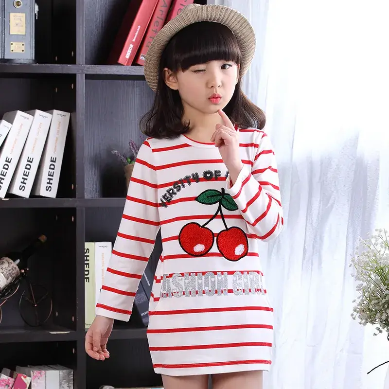 Korean Girls Cherry Print Long Sleeve T-Shirt Red White - Image 3