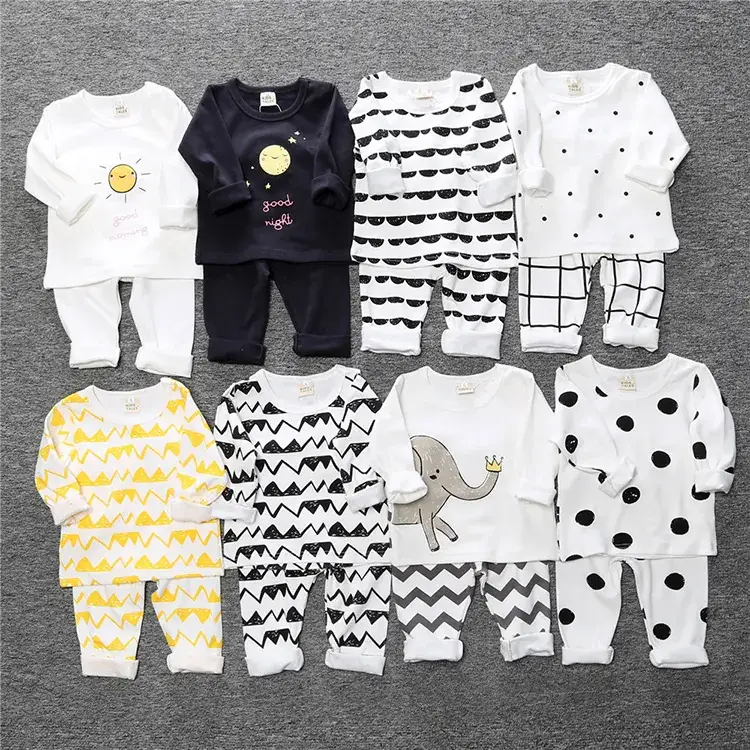 Children Cotton Pajama Set Yellow White Chevron Print - Image 7