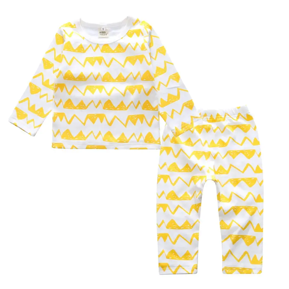 Children Cotton Pajama Set Yellow White Chevron Print - Image 8