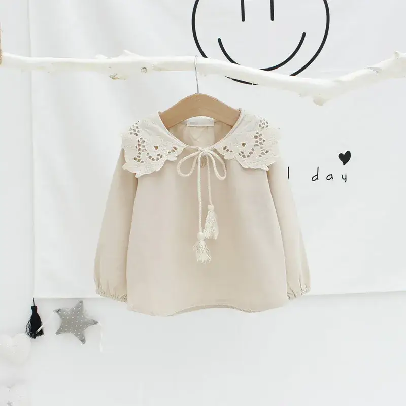 Girls Shirts Spring Autumn Tassel Lace Cotton Linen Long Sleeve - Image 5
