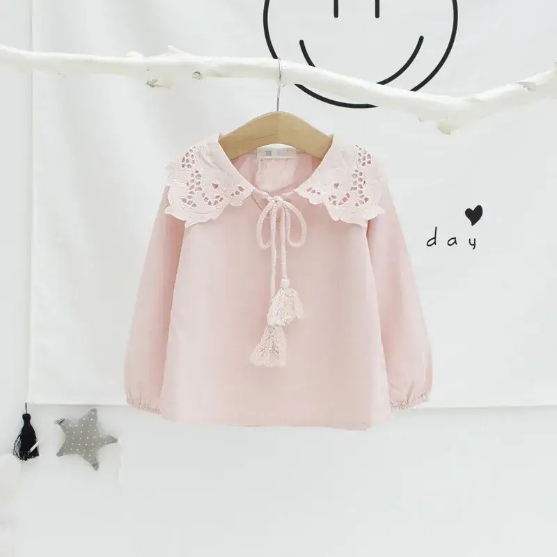 Girls Shirts Spring Autumn Tassel Lace Cotton Linen Long Sleeve - Image 2