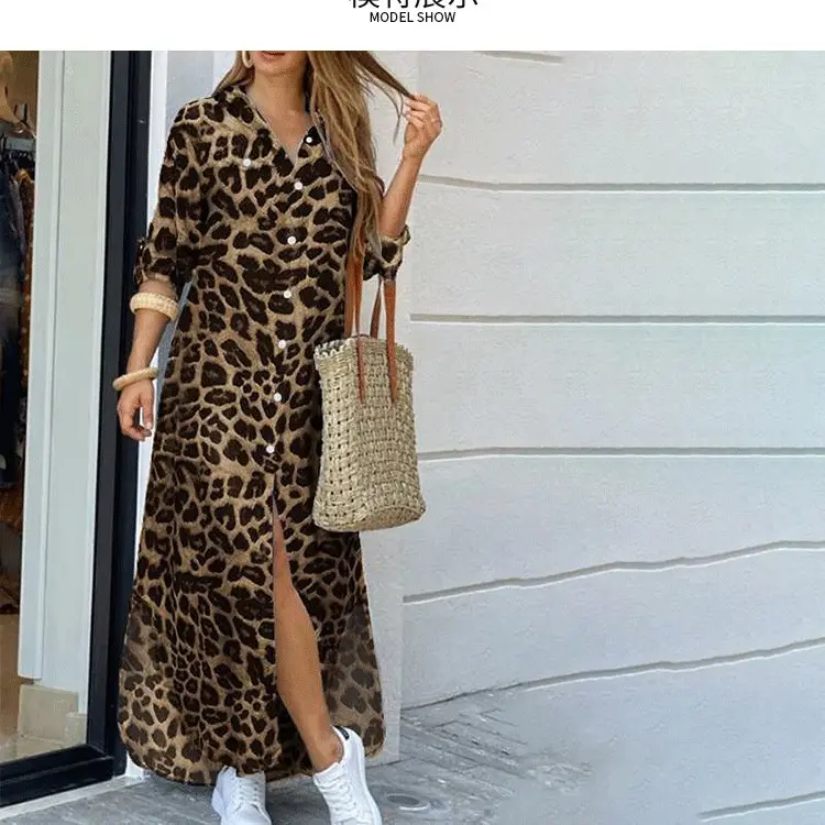 Women Leopard Print Long Skirt Split Dress