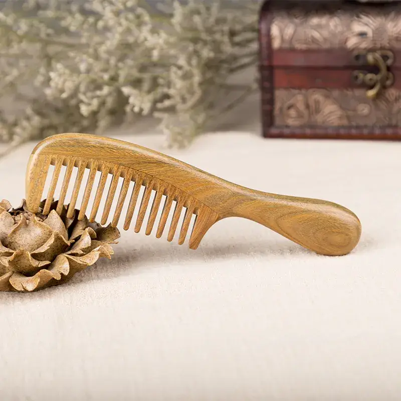 Wooden Hair Comb Thick Handle Green Sandalwood Wide Tooth - Image 2