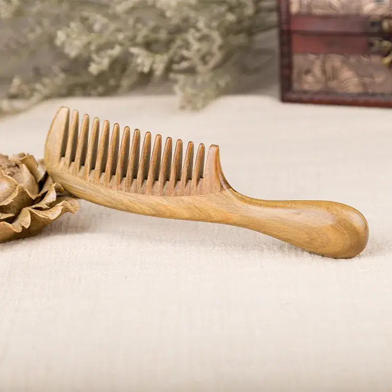 Wooden Hair Comb Thick Handle Green Sandalwood Wide Tooth - Image 3
