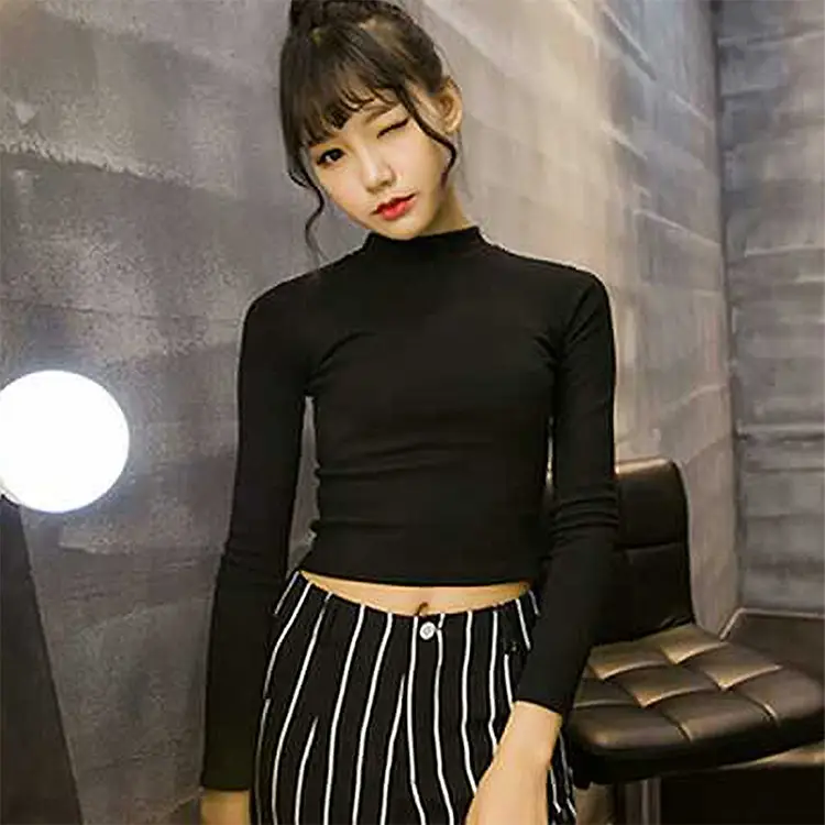 Women's Blue Long Sleeve T-Shirt Solid Color High Collar - Image 8