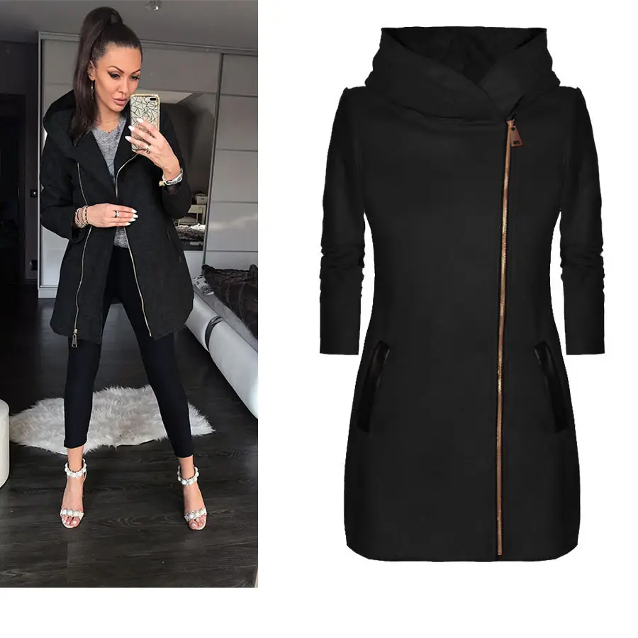Red Hooded Zipper Coat with Velvet Fabric for Women - Image 3